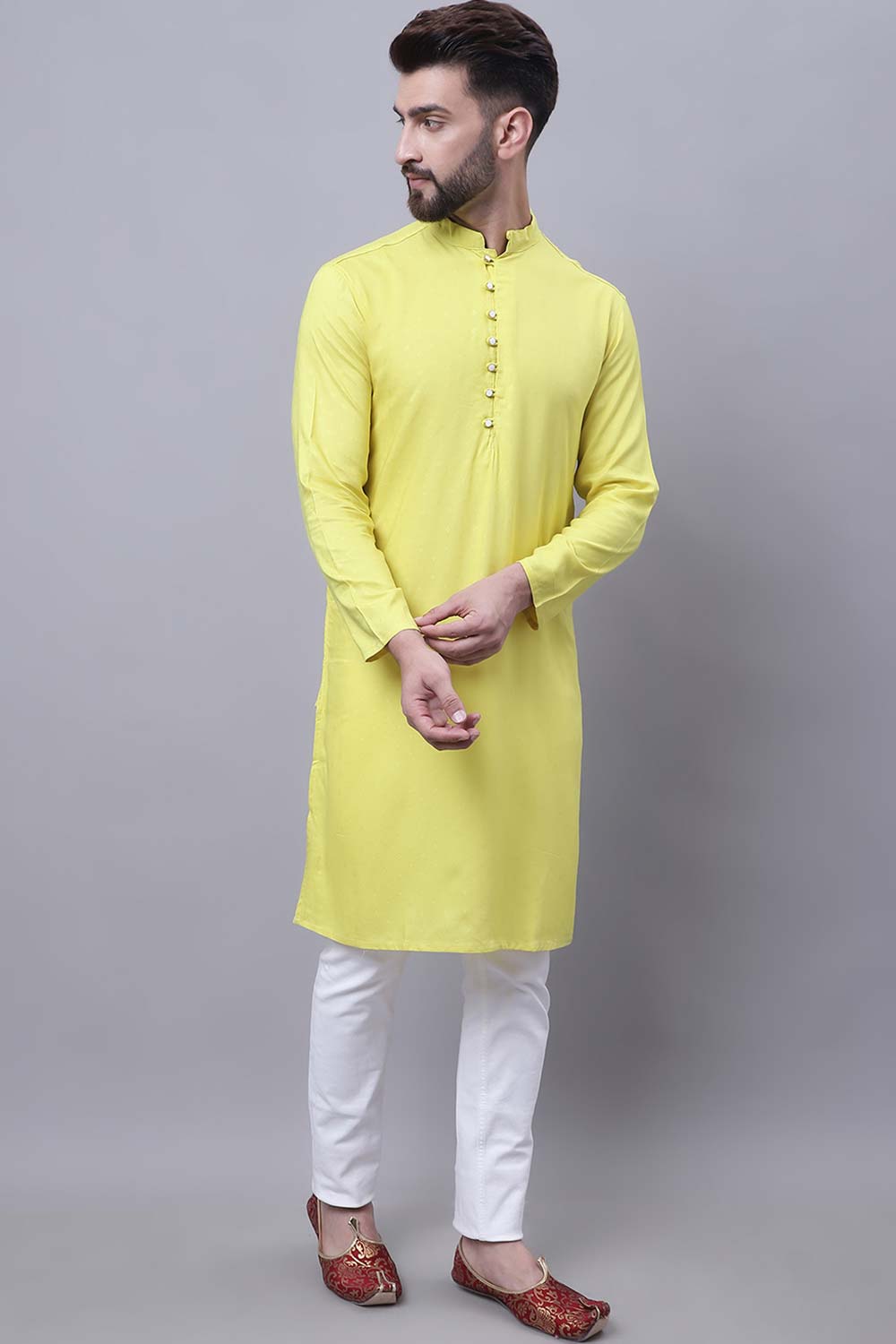 Buy Men's Yellow Cotton Self Design Long Kurta Top Online - Front