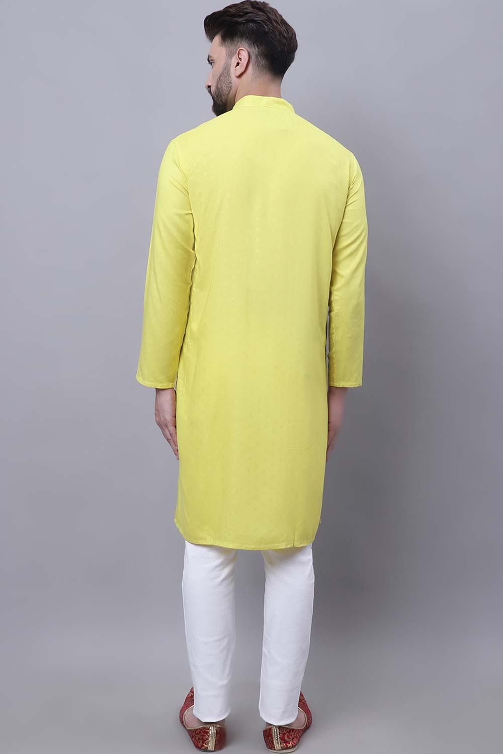 Buy Men's Yellow Cotton Self Design Long Kurta Top Online - Side