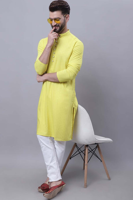 Buy Men's Yellow Cotton Self Design Long Kurta Top Online