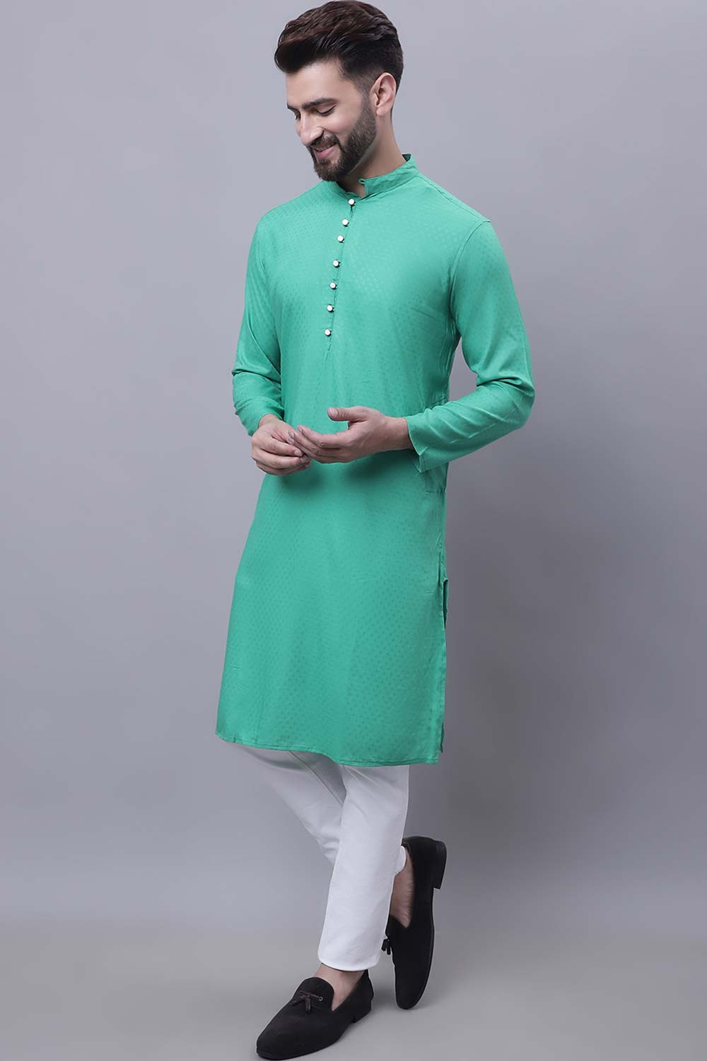 Buy Men's Green Viscose Rayon Self Design Long Kurta Top Online - Back