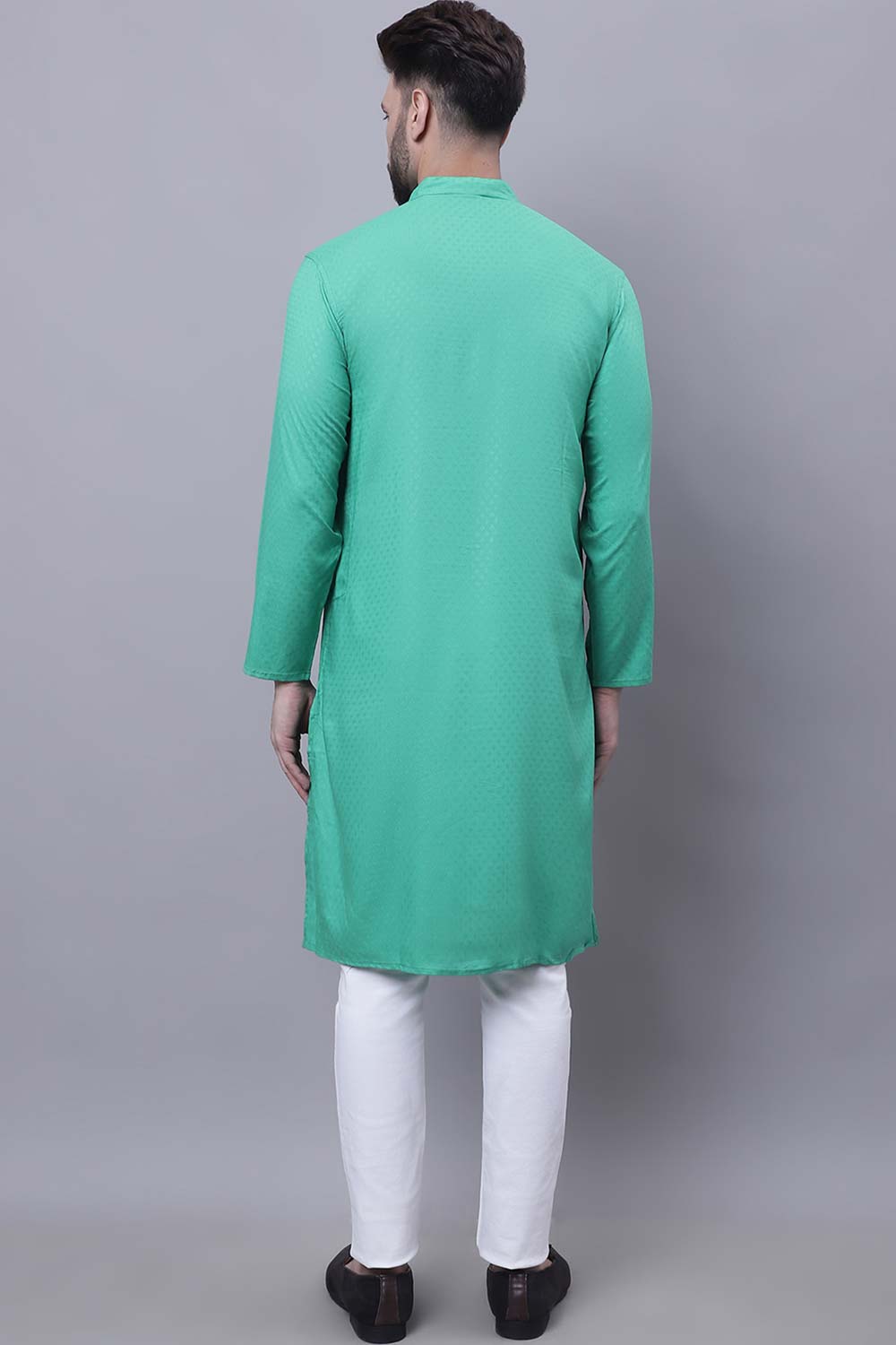 Buy Men's Green Viscose Rayon Self Design Long Kurta Top Online - Front