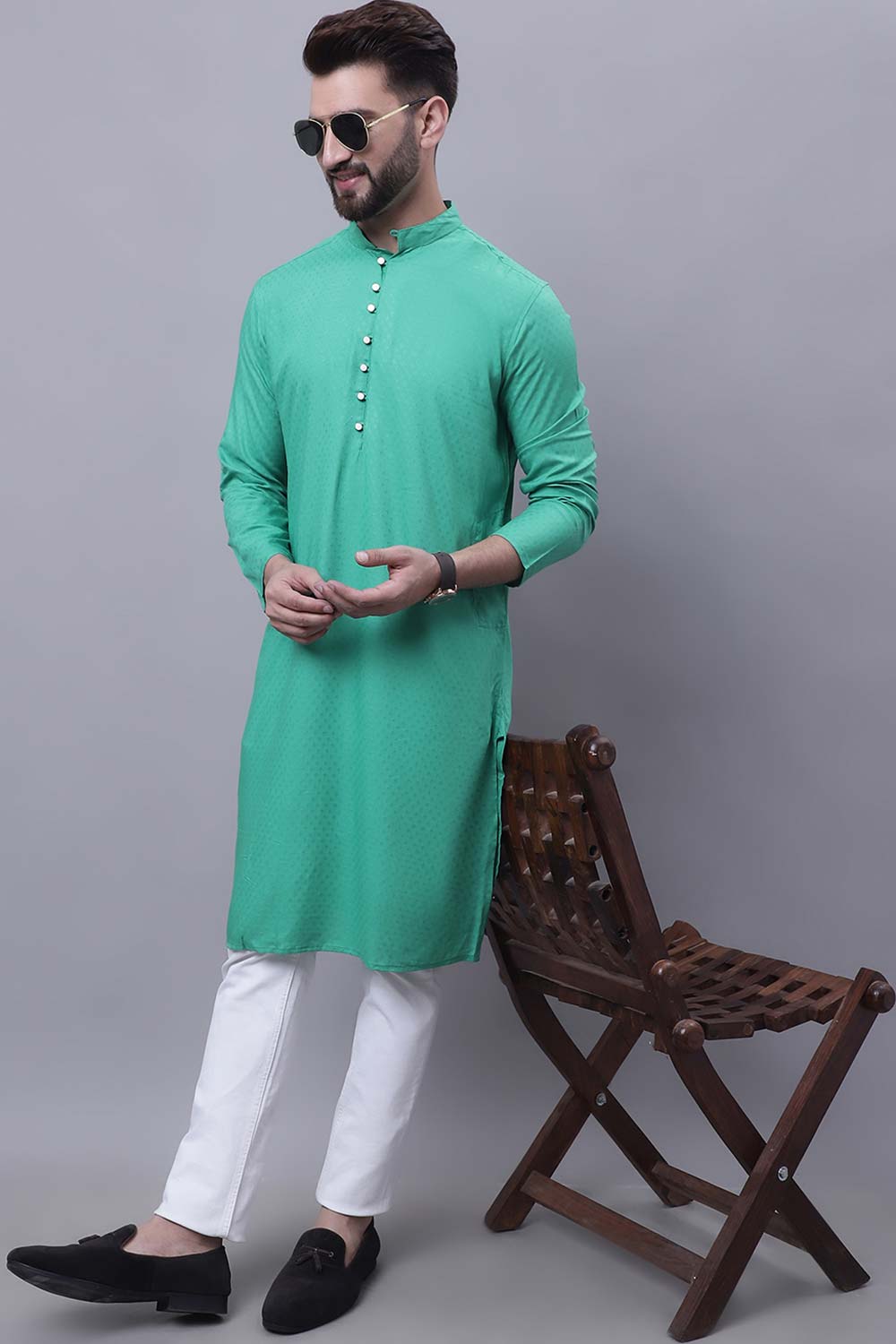 Buy Men's Green Viscose Rayon Self Design Long Kurta Top Online - Zoom In