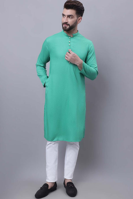 Buy Men's Green Viscose Rayon Self Design Long Kurta Top Online