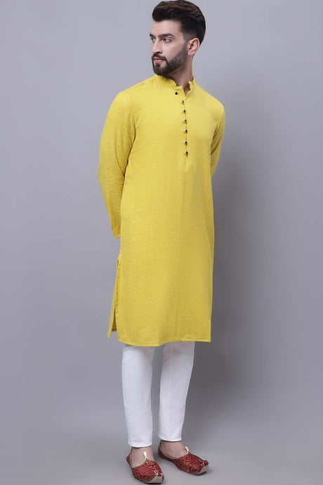 Buy Men's Yellow Cotton Self Design Long Kurta Top Online - Back