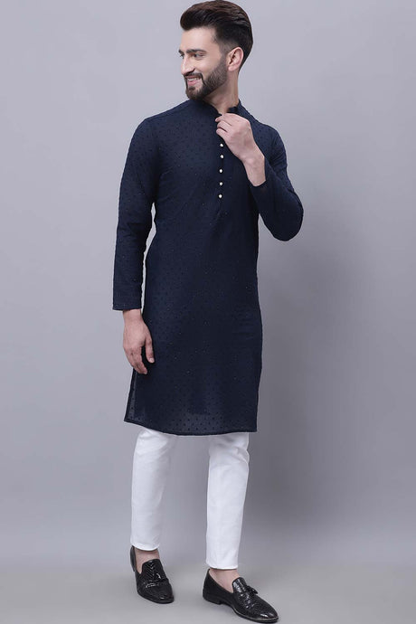 Buy Men's Blue Cotton Self Design Long Kurta Top Online - Back