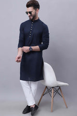 Buy Men's Blue Cotton Self Design Long Kurta Top Online - Side