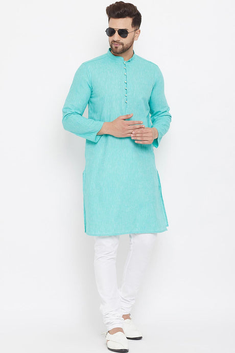 Buy Men's Blended Cotton Solid Kurta in Turquoise Blue - Back