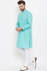 Buy Men's Blended Cotton Solid Kurta in Turquoise Blue - Front