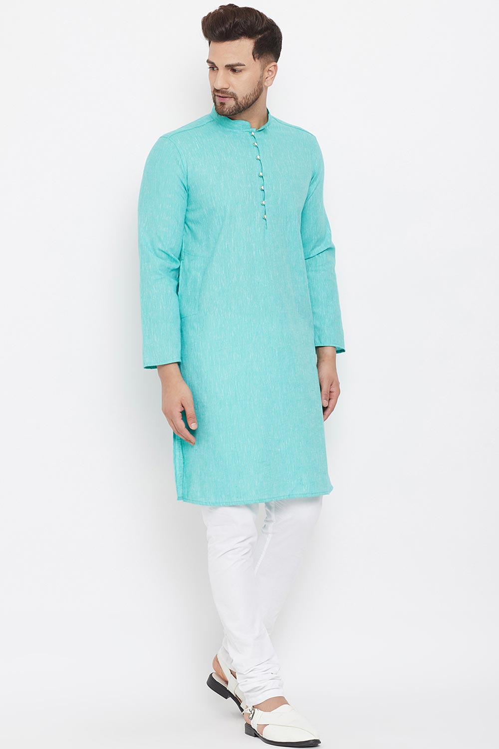 Buy Men's Blended Cotton Solid Kurta in Turquoise Blue - Side