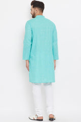 Buy Men's Blended Cotton Solid Kurta in Turquoise Blue - Zoom In