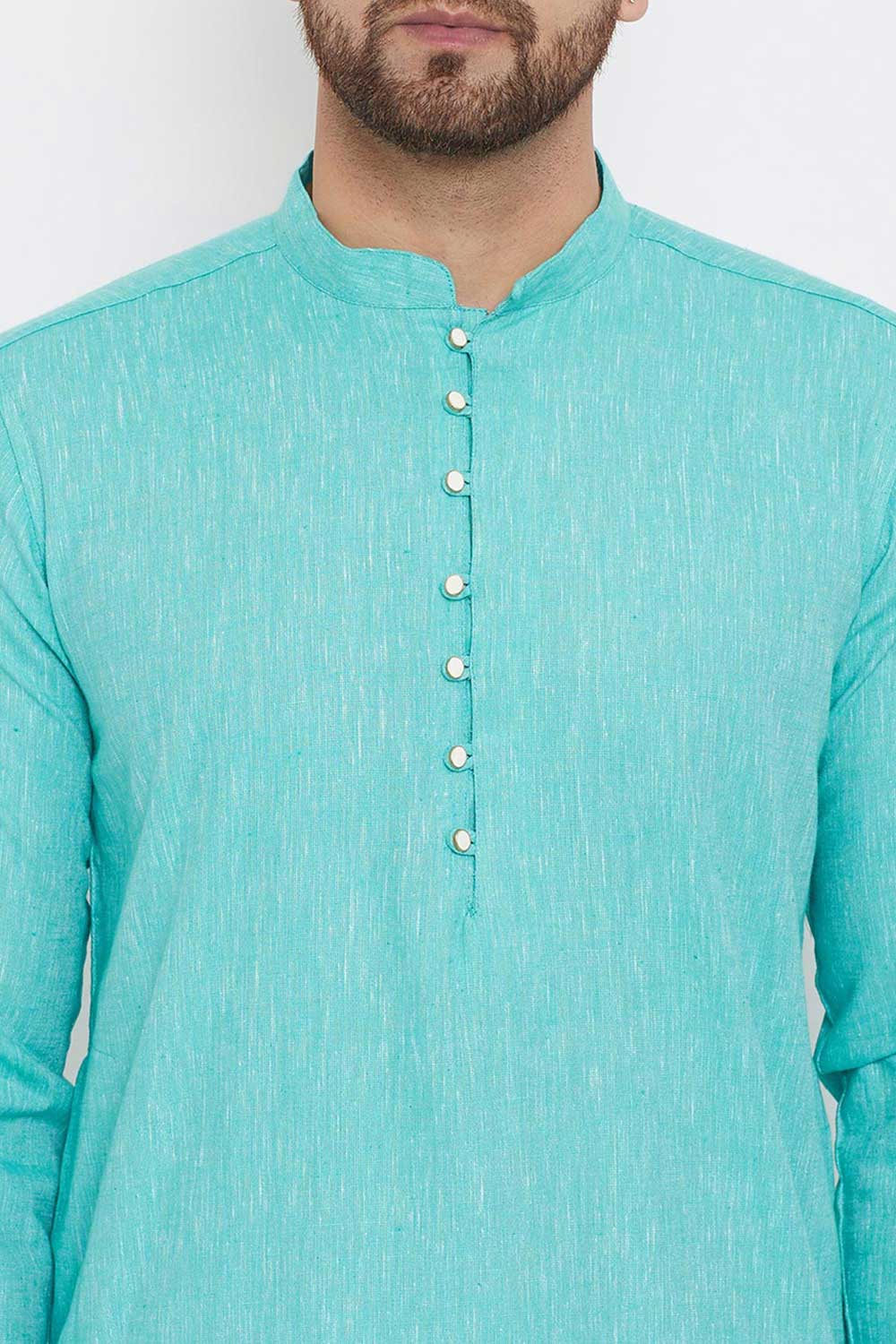 Buy Men's Blended Cotton Solid Kurta in Turquoise Blue - Zoom Out