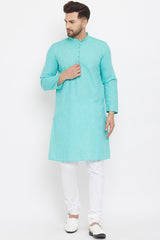 Buy Men's Blended Cotton Solid Kurta in Turquoise Blue Online