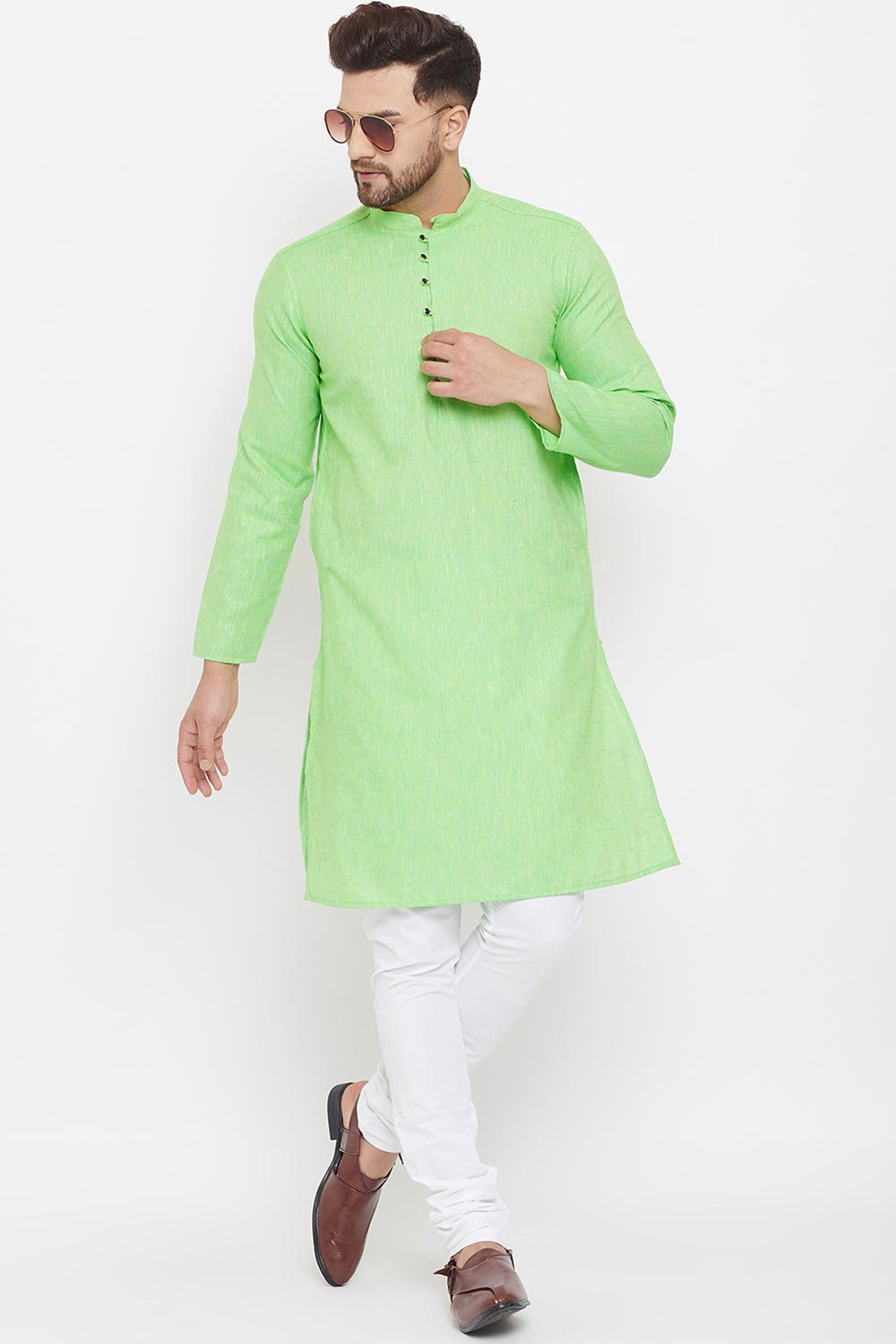 Buy Men's Blended Cotton Solid Kurta in Green - Back