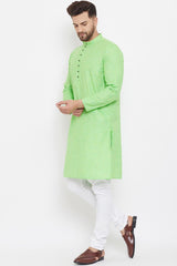 Buy Men's Blended Cotton Solid Kurta in Green - Front