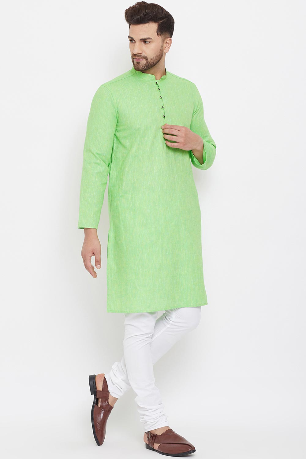 Buy Men's Blended Cotton Solid Kurta in Green - Side