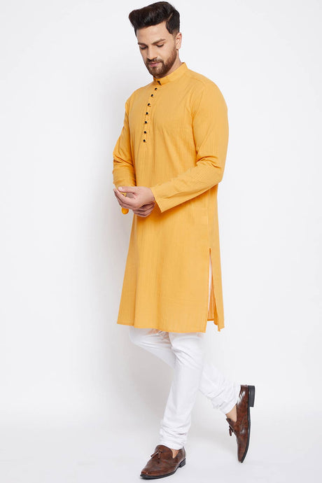 Buy Men's Cotton Solid Kurta in Yellow - Back