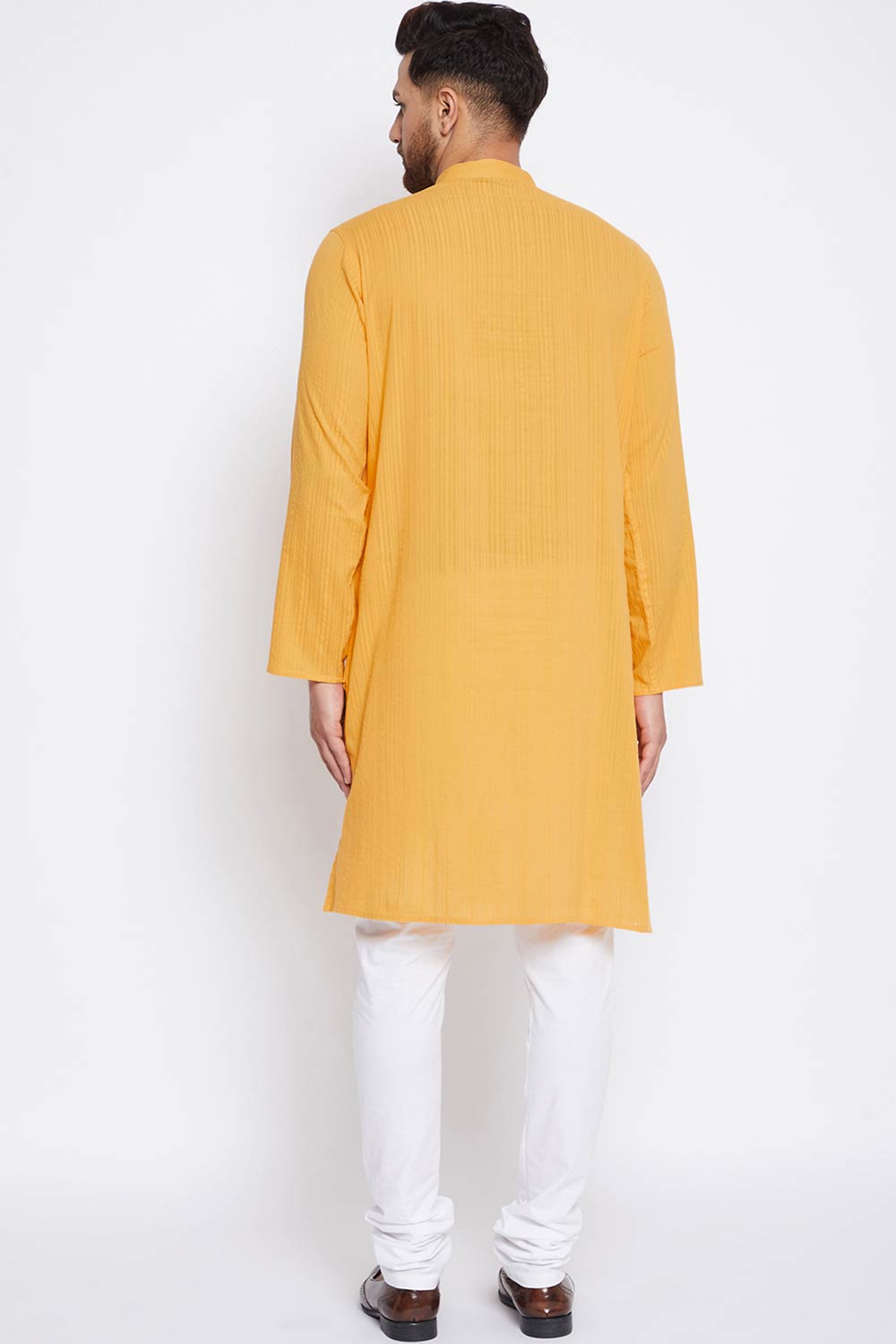 Buy Men's Cotton Solid Kurta in Yellow - Front