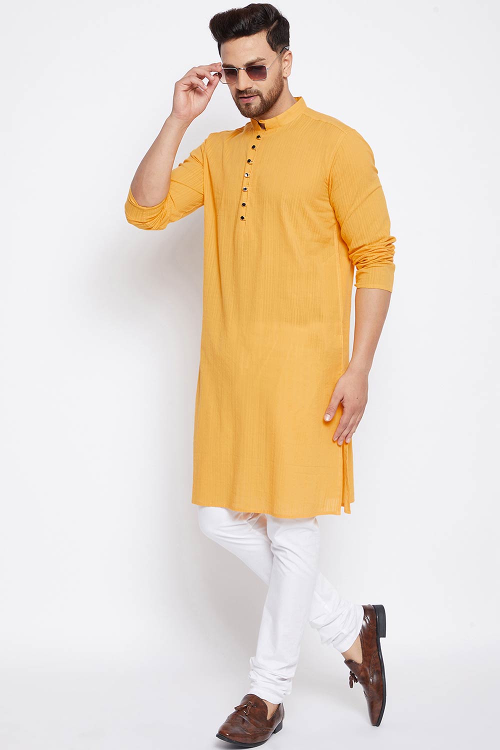 Buy Men's Cotton Solid Kurta in Yellow - Zoom in