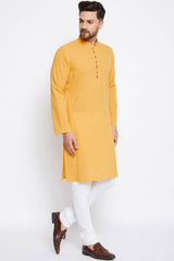 Buy Men's Cotton Solid Kurta in Yellow - Zoom Out