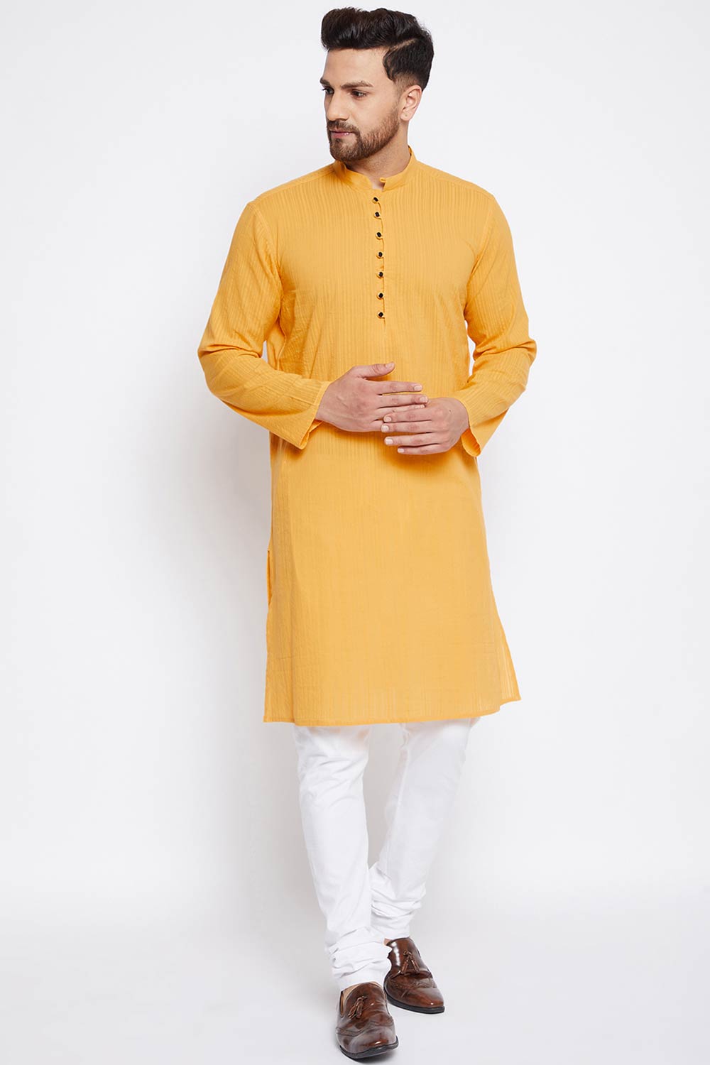 Buy Men's Cotton Solid Kurta in Yellow Online