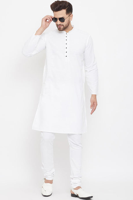 Buy Men's Blended Cotton Solid Kurta in White - Back