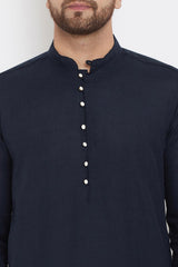 Buy Men's Blended Cotton Solid Kurta in Navy Blue - Zoom Out