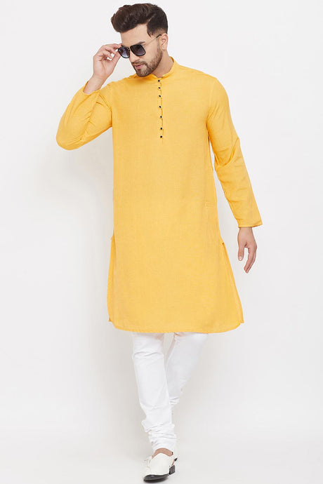 Buy Men's Blended Cotton Solid Kurta in Yellow - Back