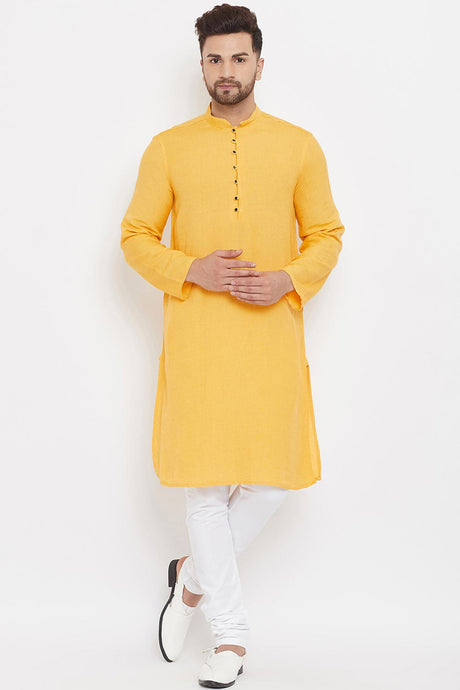 Buy Men's Blended Cotton Solid Kurta in Yellow Online