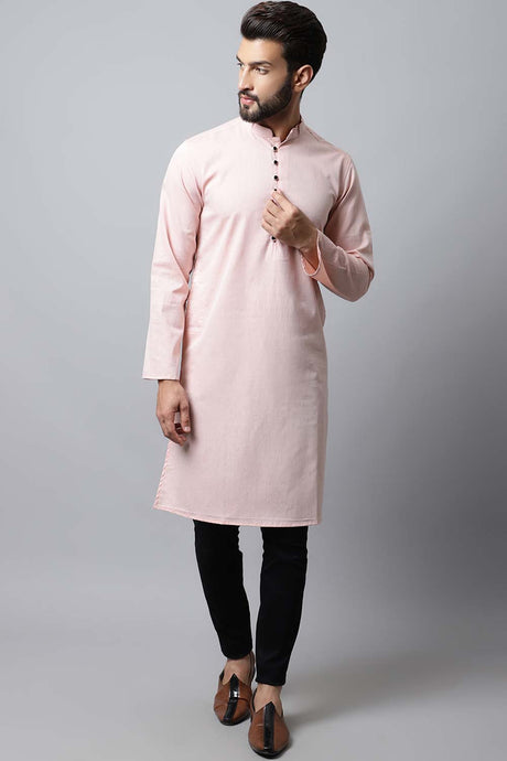 Men's Light Pink Solid Full Sleeve Long Kurta Top