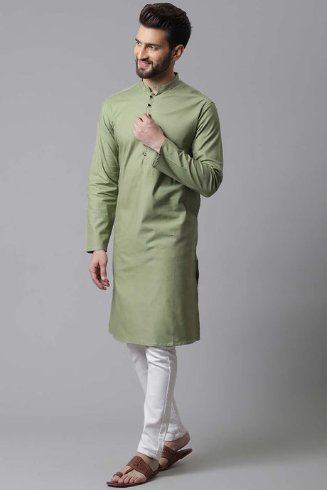 Buy Men's Green Cotton Self-design Long Kurta Online - KARMAPLACE