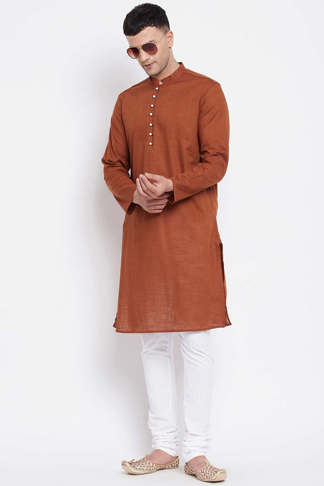 Buy Men's Pure Cotton Solid Long Kurta in Light Brown - Front