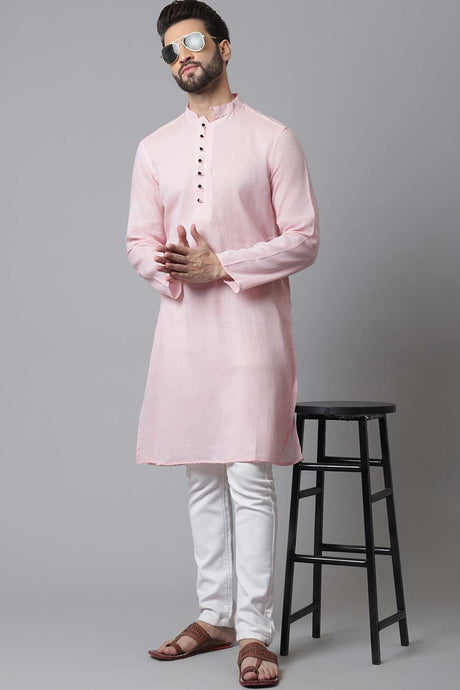 Buy Men's Pink Cotton Solid Long Kurta Online - KARMAPLACE