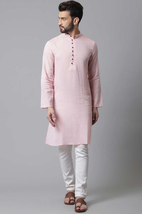 Buy Men's Pink Cotton Solid Long Kurta Online - KARMAPLACE