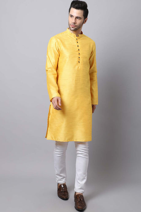 Men's Light Yellow Self-Design Full Sleeve Long Kurta Top