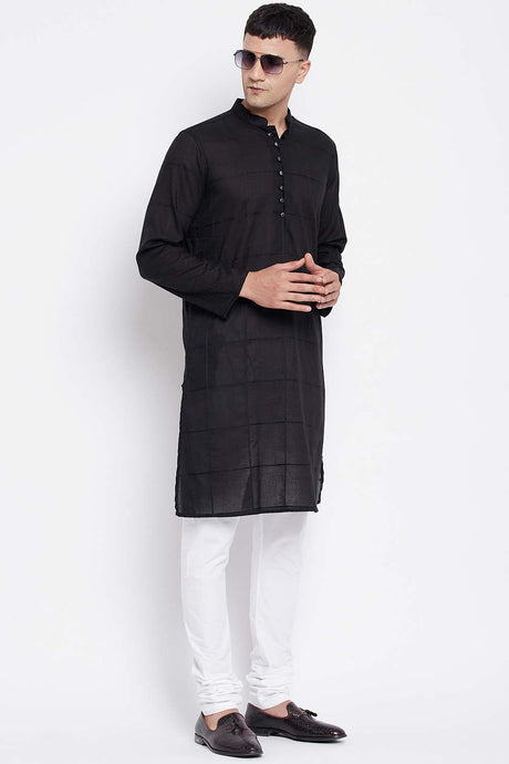 Buy Men's Pure Cotton Woven Checks Sherwani Kurta in Black - Front
