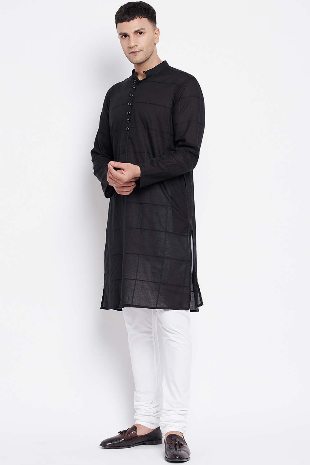 Buy Men's Pure Cotton Woven Checks Sherwani Kurta in Black - Back