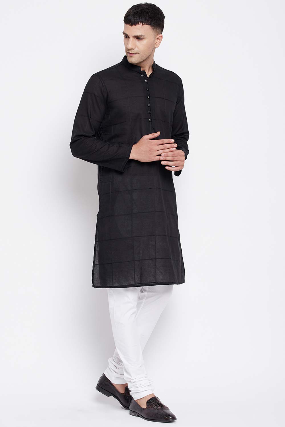 Buy Men's Pure Cotton Woven Checks Sherwani Kurta in Black - Side