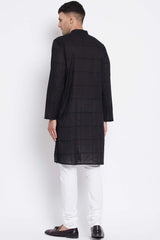 Buy Men's Pure Cotton Woven Checks Sherwani Kurta in Black - Zoom in