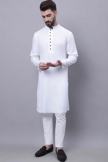 Buy Men's White Cotton Solid Long Kurta Top Online - Back