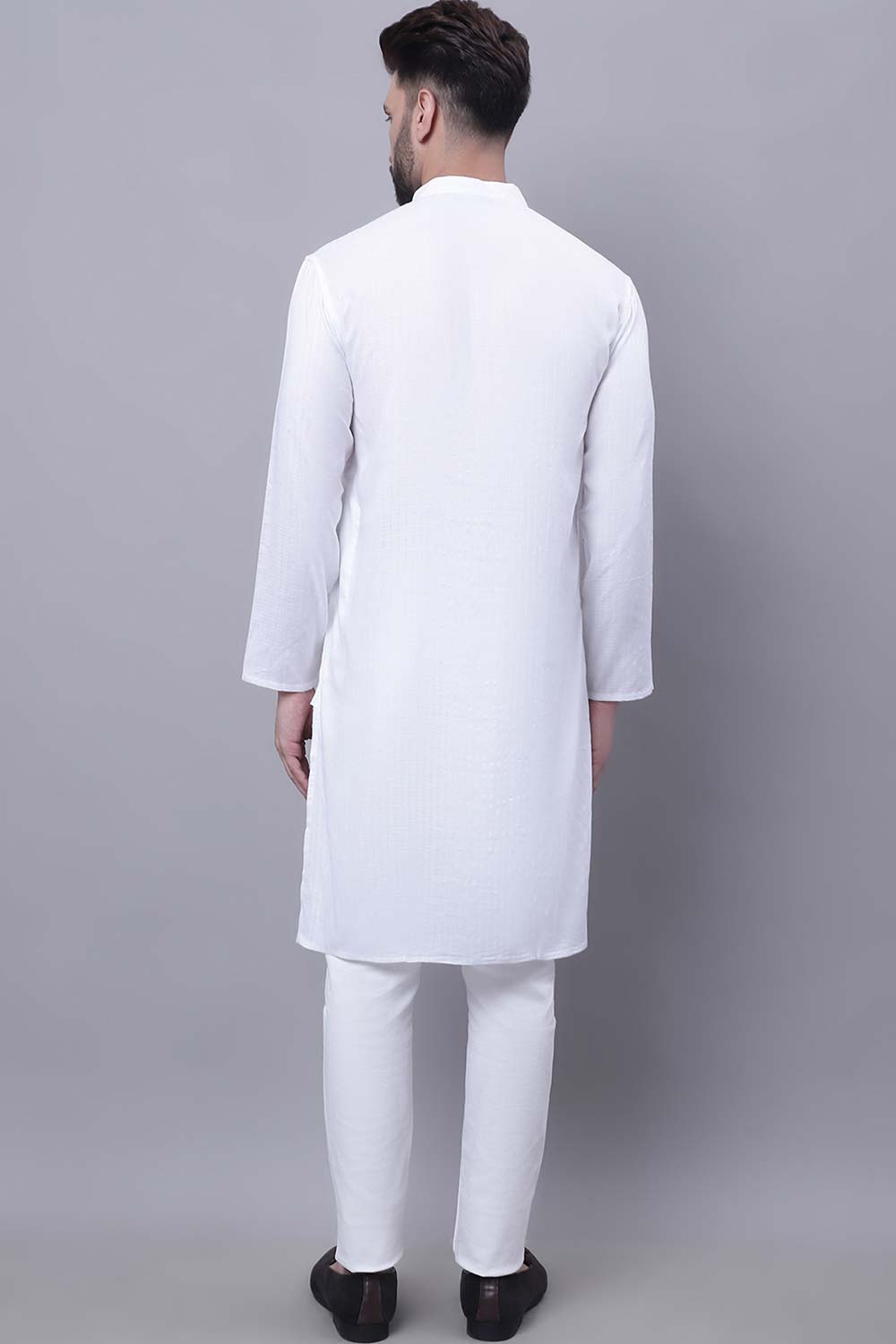 Buy Men's White Cotton Solid Long Kurta Top Online - Front