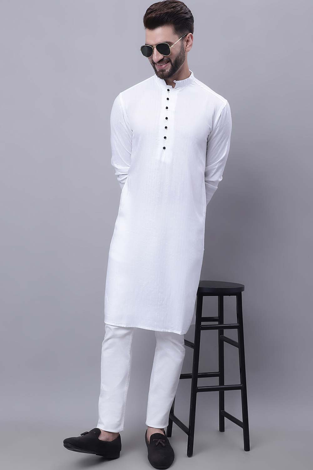 Buy Men's White Cotton Solid Long Kurta Top Online - Side