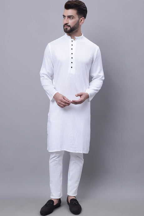 Buy Men's White Cotton Solid Long Kurta Top Online