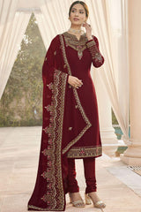 Buy Faux Georgette Embroidered Dress Material in Maroon