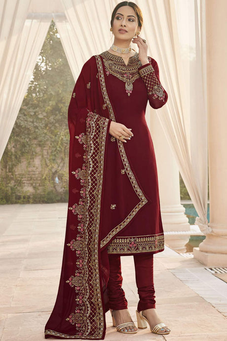 Buy Faux Georgette Embroidered Dress Material in Maroon