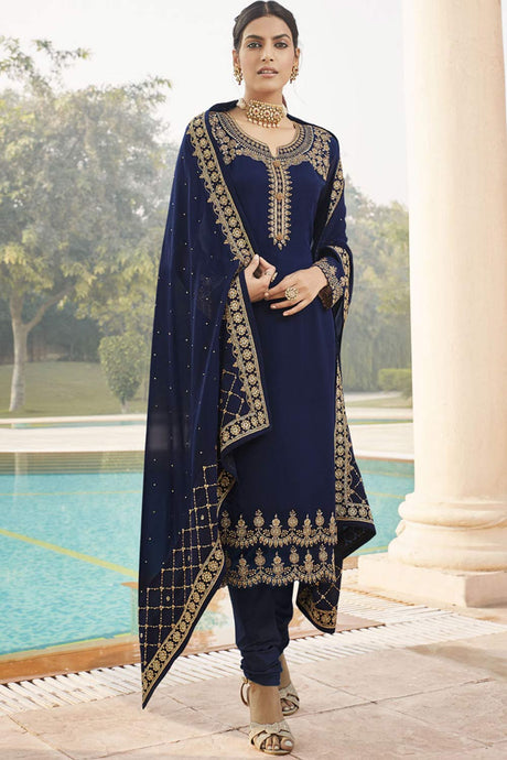 Buy Faux Georgette Embroidered Dress Material in Navy Blue