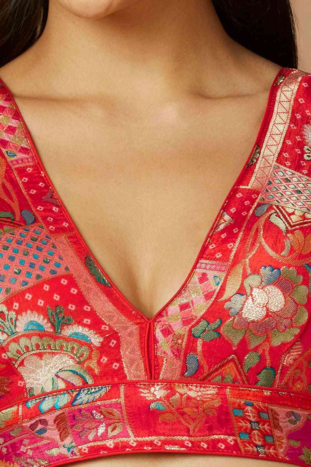 Red Brocade Sleeveless Padded Blouse