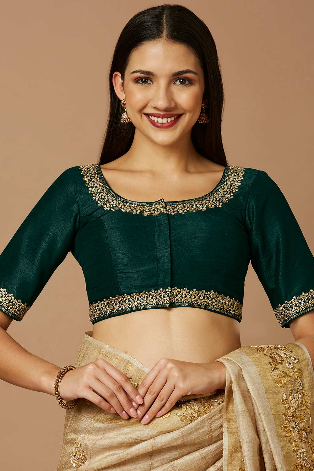 Green Silk Elbow Length Padded Blouse