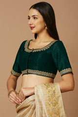 Green Silk Elbow Length Padded Blouse