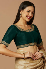 Green Silk Elbow Length Padded Blouse