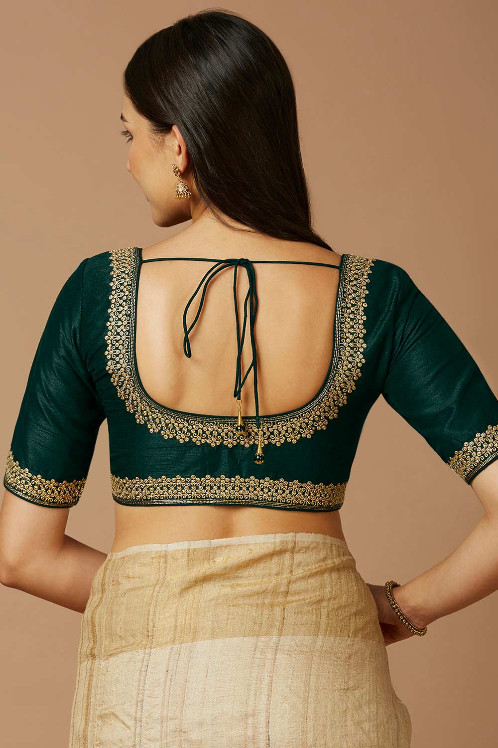 Green Silk Elbow Length Padded Blouse